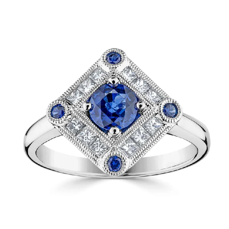 Three - Stone Diamond Rings with Princess - Cut DiamondsPlatinum 0.74ct Blue Sapphire And 0.34ct Diamond Vintage Inspired Ring