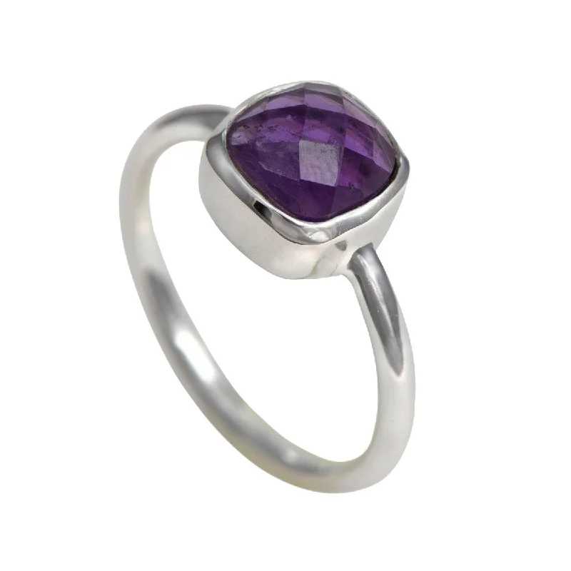 Multi - Gemstone Rings with a Rainbow of ColorsFaceted Square Cut Natural Gemstone Sterling Silver Solitaire Ring - Amethyst