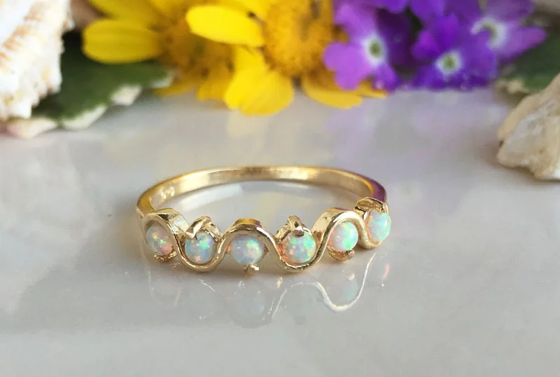 Multi - Gemstone Rings with a Rainbow of ColorsWhite Opal Ring - Five White Opal Gemstones Simple Stacking Ring