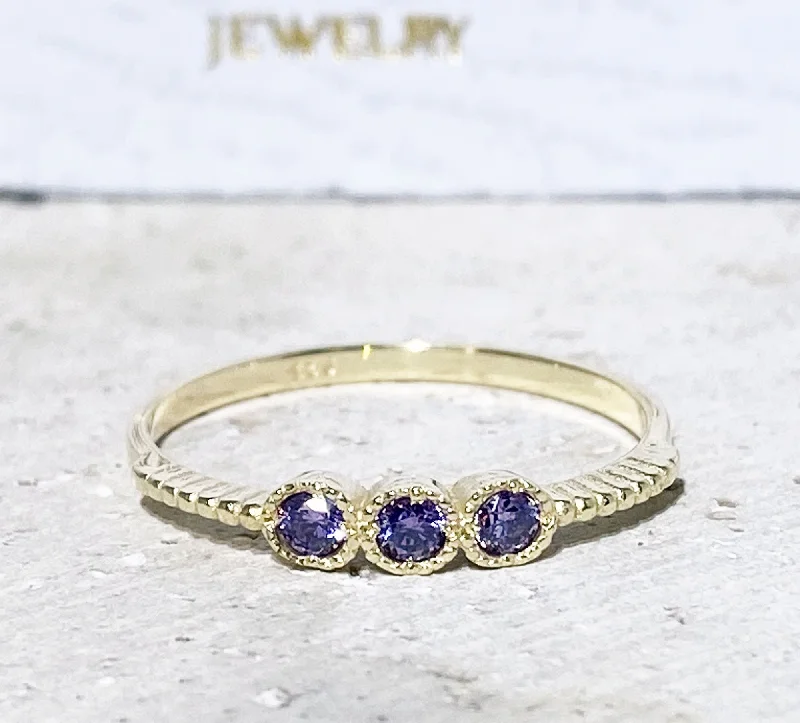 Multi - Gemstone Rings with a Rainbow of ColorsPurple Amethyst Ring - February Birthstone - Three Round Purple Amethyst Gemstone Delicate Stacking Ring