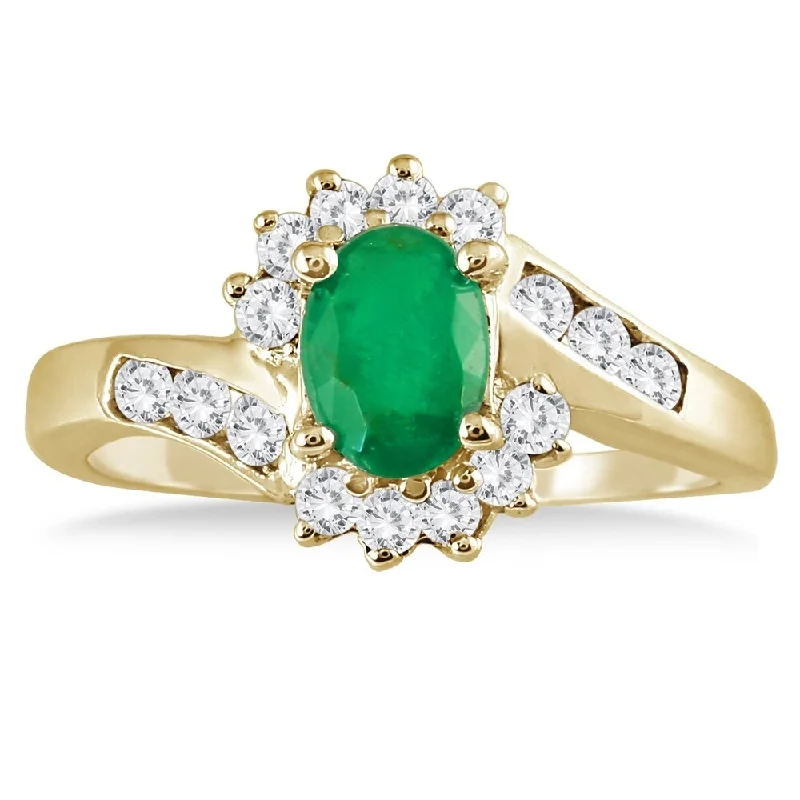 Emerald Gemstone Rings with Filigree - Bordered Settings1 Carat Emerald and Diamond Flower Twist Ring in 14K Yellow Gold