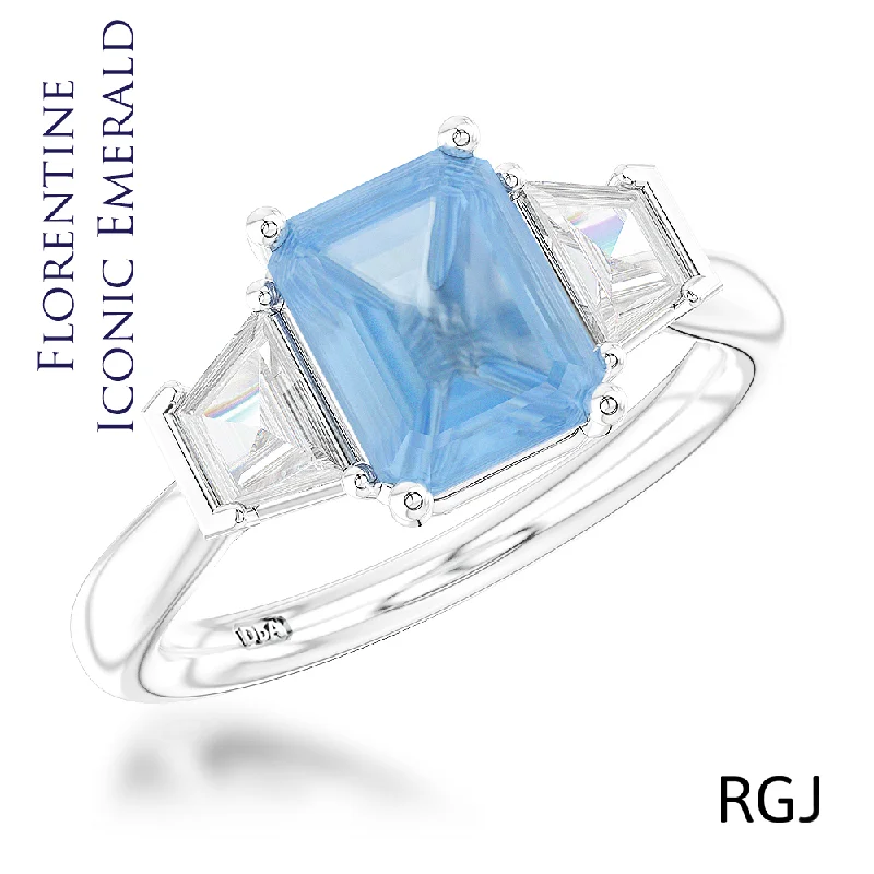 Three - Stone Diamond Rings with Princess - Cut DiamondsThe Florentine Iconic 1.00ct Emerald Cut Aquamarine And 0.68ct Diamond Three Stone Ring With Diamond Detailing