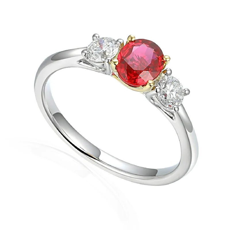 Vintage - Inspired Diamond Rings with Filigree WorkPlatinum And 18ct Yellow Gold 0.67ct Oval Cut Ruby And 0.36ct Round Brilliant Cut Diamond Three Stone Ring