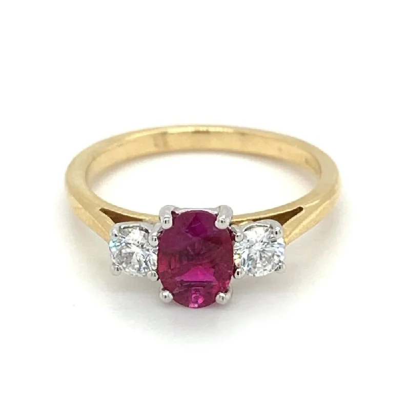 Custom - Designed Diamond Rings to Reflect Your Personality18ct Yellow And White Gold 0.88ct Oval Cut Ruby And 0.37ct Round Brilliant Cut Diamond Three Stone Ring