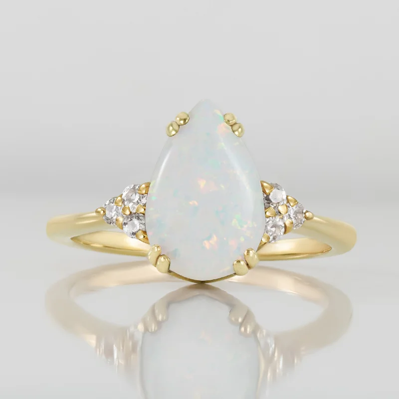 Ruby Gemstone Rings with Diamond AccentsWhite Opal Ring - Pear-Shaped White Opal Gemstone Statement Engagement Ring with Clear Quartz Accents