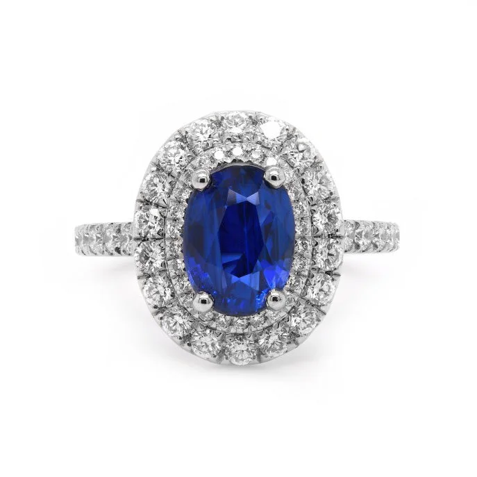 Solitaire Diamond Rings in Platinum SettingsPlatinum 1.14ct Oval Cut Blue Sapphire Ring With 0.91ct Double Diamond Halo And Diamond Set Shoulders