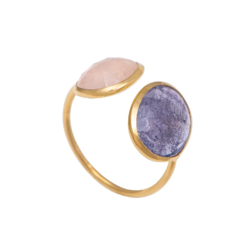 Multi - Gemstone Rings with a Rainbow of ColorsGold Plated Sterling Silver Two Gemstone Ring with Morganite and Tanzanite