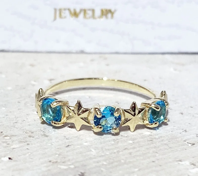 Ruby Gemstone Rings with Diamond AccentsBlue Topaz Ring - December Birthstone - Delicate Ring with Three Blue Topaz Gemstones and Star Accents