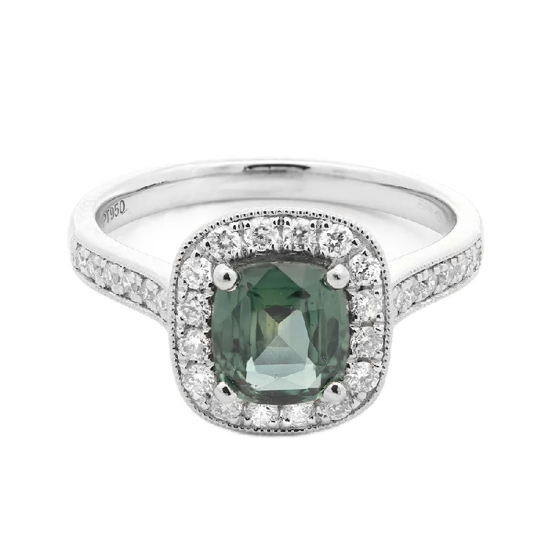 Solitaire Diamond Rings in Platinum SettingsPlatinum 1.20ct Cushion Cut Teal Sapphire Ring With 0.33ct Diamond Halo And Diamond Set Shoulders