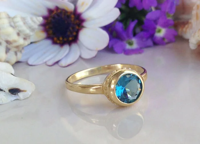 Ruby Gemstone Rings with Diamond AccentsBlue Topaz Ring - December Birthstone - Simple Bezel Set Ring with Round Blue Topaz Gemstone