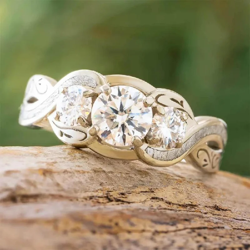 Three Stone Meteorite Ring with White Gold Filigree