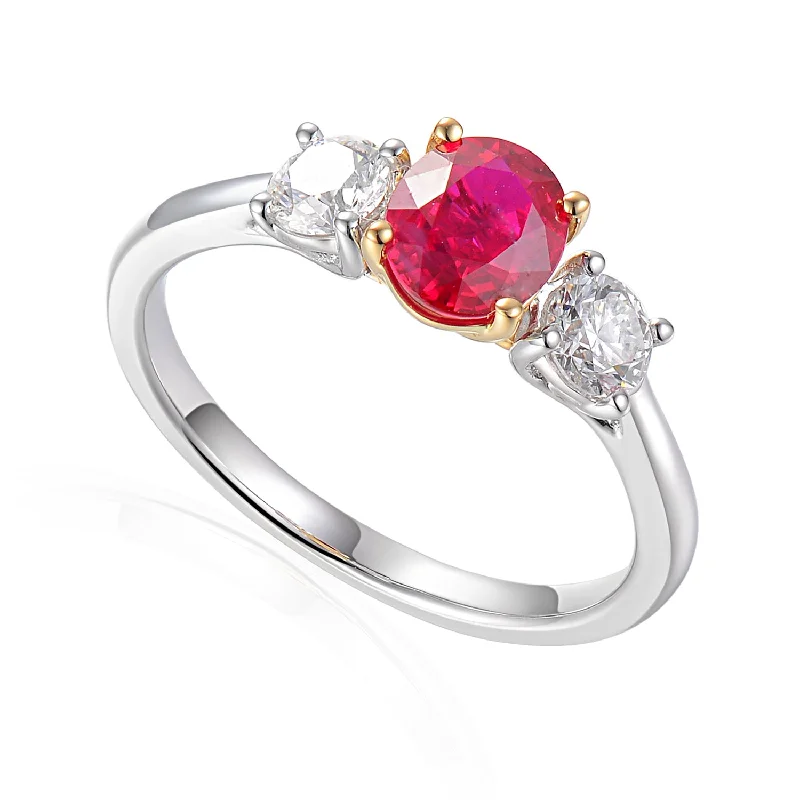 Three - Stone Diamond Rings with Princess - Cut DiamondsPlatinum And 18ct Yellow Gold 0.98ct Oval Cut Ruby And 0.47ct Round Brilliant Cut Diamond Three Stone Ring