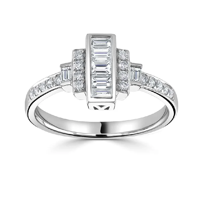 Three - Stone Diamond Rings with Princess - Cut DiamondsPlatinum 0.46ct Emerald And Round Brilliant Cut Diamond Art Deco Style Ring