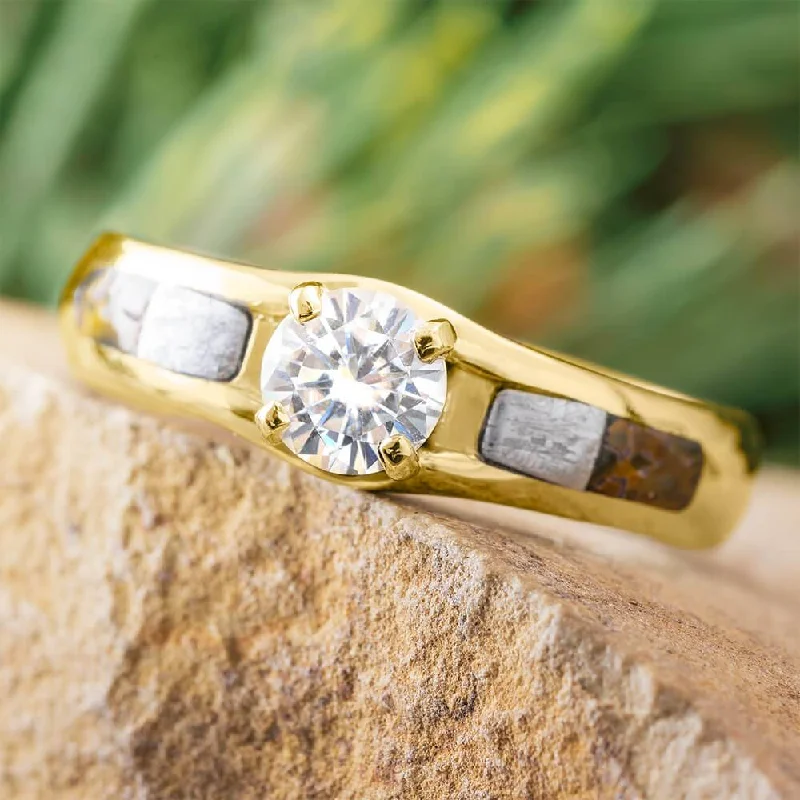 Gold Engagement Ring with Dinosaur Bone and Meteorite