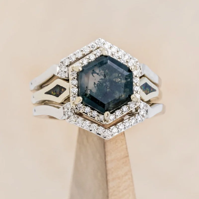 "CRAZY ON YOU" - BRIDAL SUITE - HEXAGON CUT MOSS AGATE ENGAGEMENT RING WITH DIAMOND HALO, BLACK OPAL INLAYS & TRACERS