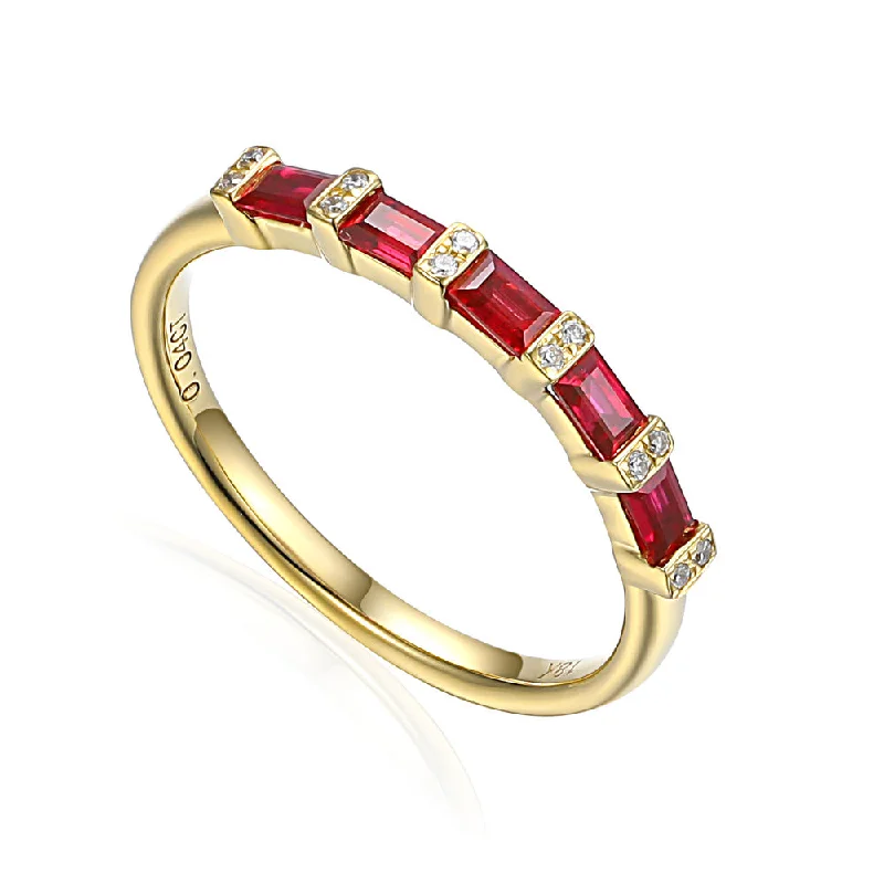 Vintage - Inspired Diamond Rings with Filigree Work18ct Yellow Gold 0.51ct Baguette Cut Ruby And 0.04ct Round Brilliant Cut Diamond Ring