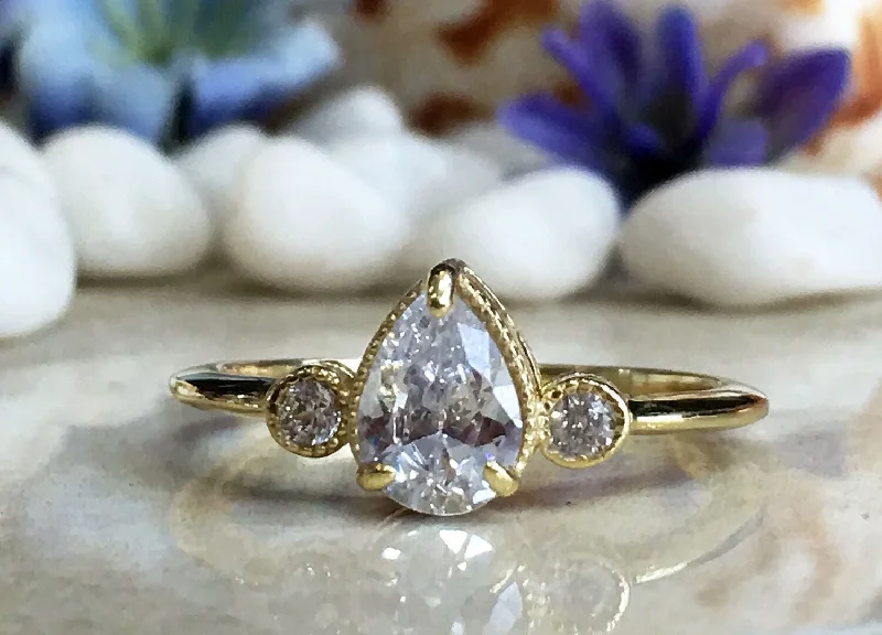 Amethyst Gemstone Rings in a Vintage - Style SettingClear Quartz Ring - April Birthstone - Delicate Ring with Pear-Shaped Clear Quartz Gemstone and Small Clear Quartz Accents