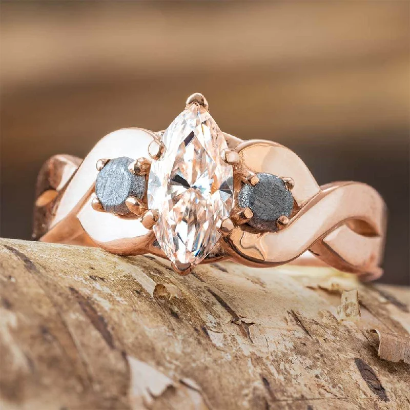 Rose Gold Engagement Ring with Marquise Moissanite and Meteorite Stones