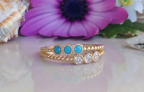 Amethyst Gemstone Rings in a Vintage - Style SettingBlue Turquoise and Clear Quartz Gemstones Dual-Ring Set