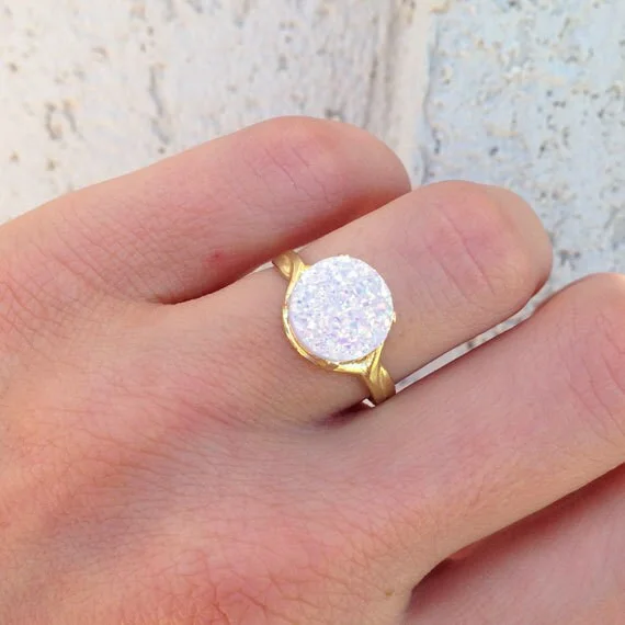 Ruby Gemstone Rings with Diamond AccentsWhite Agate Druzy Ring - Round White Druzy Gemstone Statement Ring