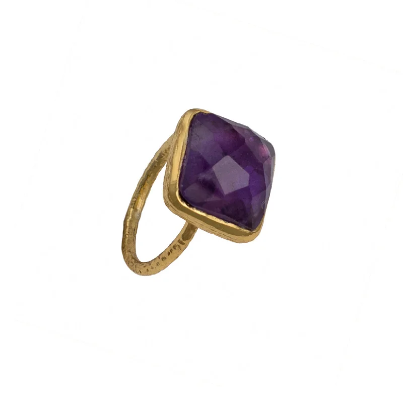 Emerald Gemstone Rings with Filigree - Bordered SettingsGold Plated Silver Ring with Square Semiprecious Stone - Amethyst