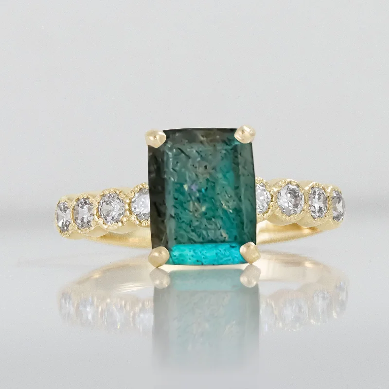 Emerald Gemstone Rings with Filigree - Bordered SettingsLabradorite Ring - Statement Engagement Ring with Octagon Labradorite Gemstone and Clear Quartz Accents