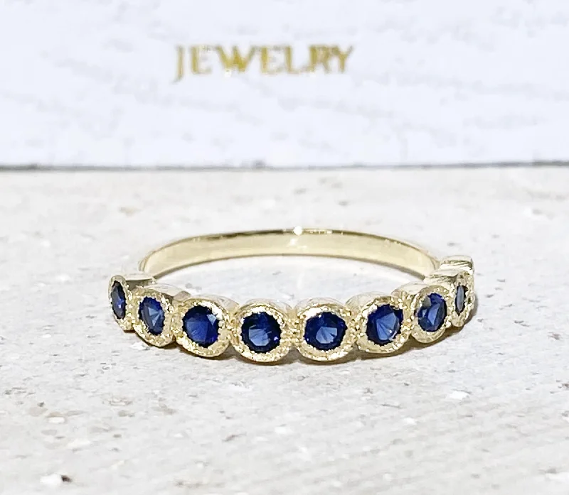 Amethyst Gemstone Rings in a Vintage - Style SettingBlue Sapphire Ring - September Birthstone - Stacking Ring with Nine Round Blue Sapphire Gemstones