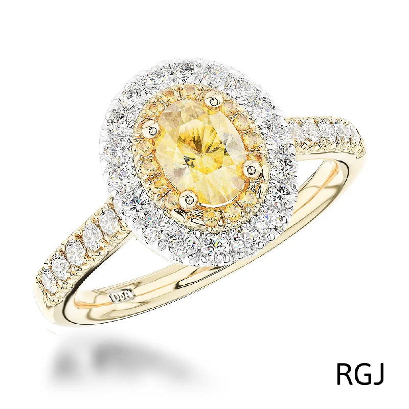 Three - Stone Diamond Rings with Princess - Cut DiamondsThe Skye Duo 18ct Yellow Gold And Platinum 0.75ct Oval Cut Yellow Diamond Engagement Ring With 0.55ct Double Diamond Halo And Diamond Set Shoulders