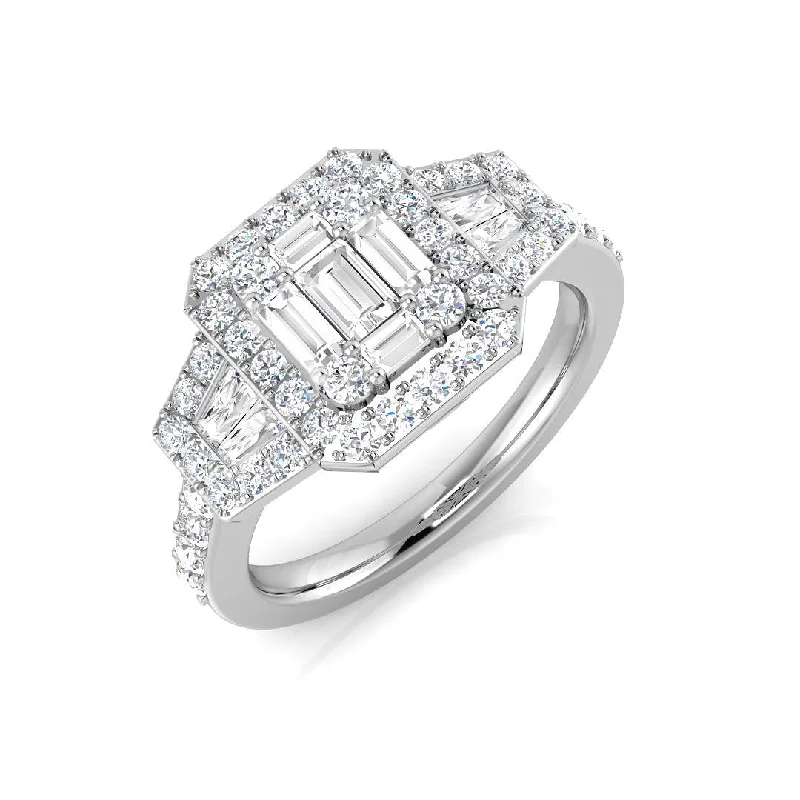 Vintage - Inspired Diamond Rings with Filigree WorkPlatinum 1.11ct Baguette And Round Brilliant Cut Diamond Ring With Diamond Halo And Diamond Set Shoulders