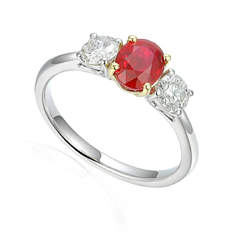 Halo - Style Diamond Rings with Smaller Accent DiamondsPlatinum And 18ct Yellow Gold 1.21ct Oval Cut Ruby And 0.58ct Round Brilliant Cut Diamond Three Stone Ring