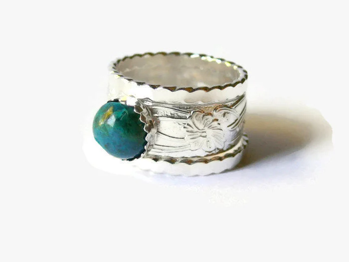 Sapphire Gemstone Rings in a Cathedral SettingWide band ring Chrysocolla ring promise ring turquoise blue gemstone ring sterling silver ring stacking ring set Etsy jewelry