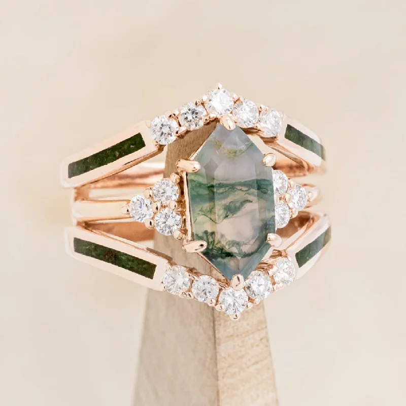 "OCTAVIA" - ELONGATED HEXAGON CUT MOSS AGATE ENGAGEMENT RING WITH DIAMOND ACCENTS & RING GUARD