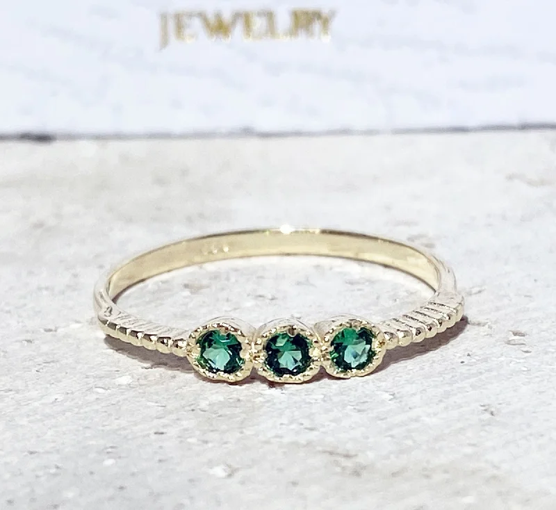 Emerald Gemstone Rings with Filigree - Bordered SettingsEmerald Ring - May Birthstone - Three Round Emerald Gemstones Delicate Stacking Ring