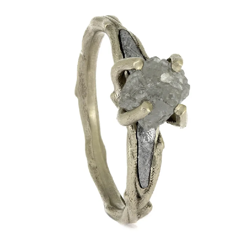 White Gold and Meteorite Band with Rough Diamond Solitaire