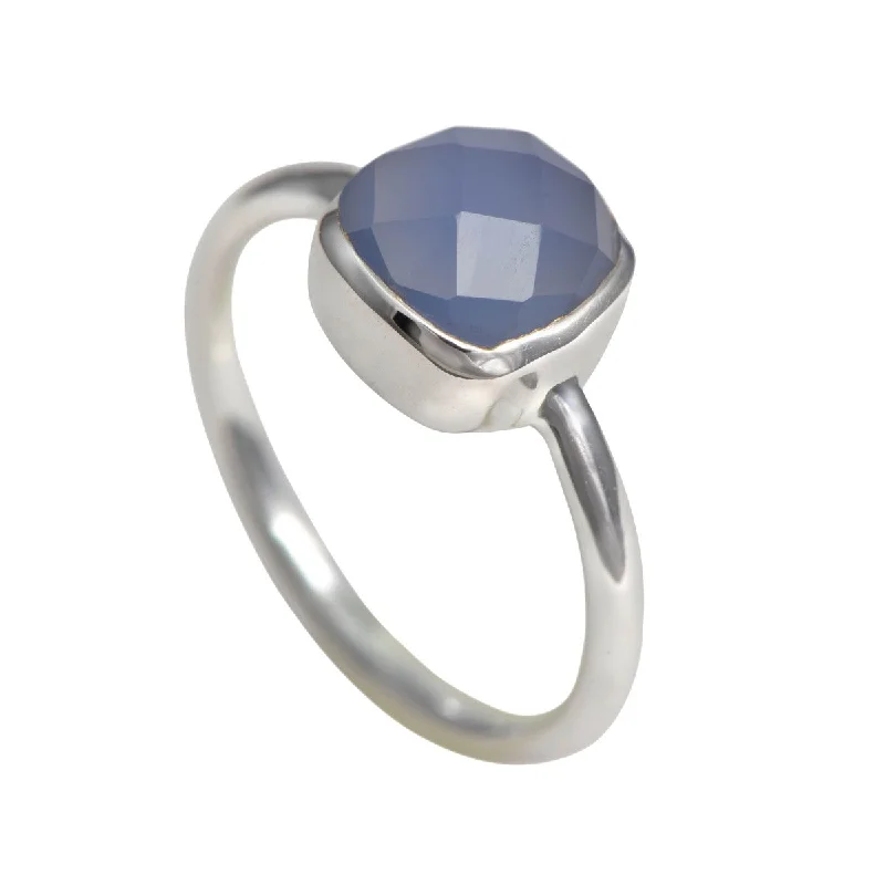 Ruby Gemstone Rings with Diamond AccentsFaceted Square Cut Natural Gemstone Sterling Silver Solitaire Ring - Blue Chalcedony