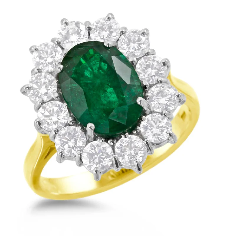 Three - Stone Diamond Rings with Princess - Cut Diamonds18ct Yellow And White Gold 3.33ct Oval Cut Emerald And 1.74ct Round Brilliant Cut Diamond Cluster Ring