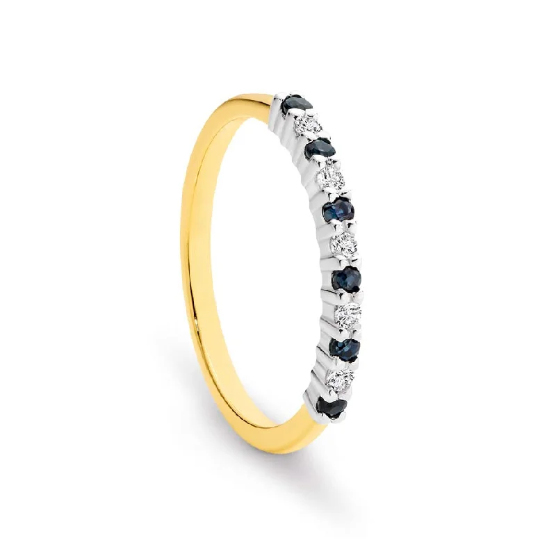 Three - Stone Diamond Rings with Princess - Cut Diamonds9K Yellow Gold / White Gold 2-tone 6x Sapphire 1.75mm & 6 Diamond Ring