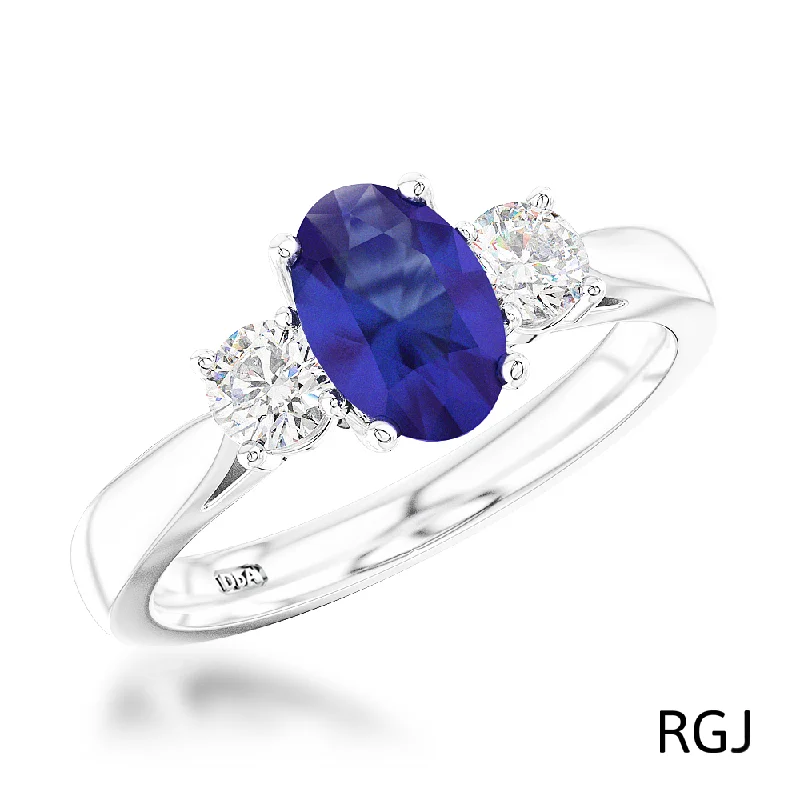 Three - Stone Diamond Rings with Princess - Cut DiamondsThe Royal Platinum 1.48ct Oval Cut Blue Sapphire And 0.58ct Round Brilliant Cut Diamond Three Stone Ring