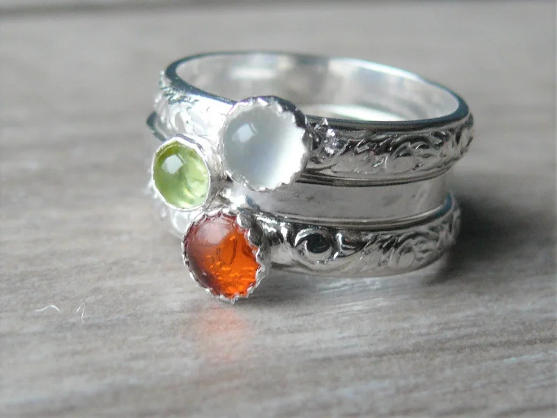 Multi - Gemstone Rings with a Rainbow of ColorsSterling silver stacking gemstone rings • Natural stone rings amber, moonstone, peridot stackable rings • Sterling silver stacking ring set