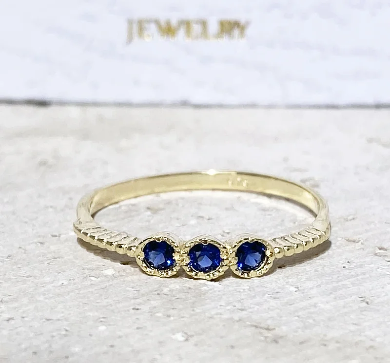 Sapphire Gemstone Rings in a Cathedral SettingBlue Sapphire ring - September Birthstone - Delicate Stacking Ring with Three Round Blue Sapphire Gemstones