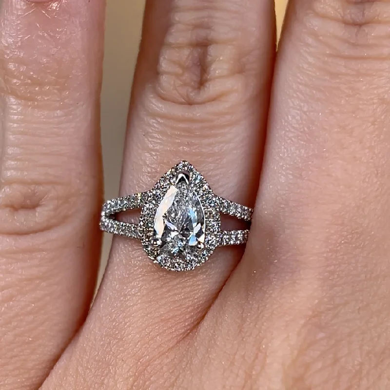 "Cresta" Halo Pear Cut Split-Shank Diamond Shoulder Engagement Ring