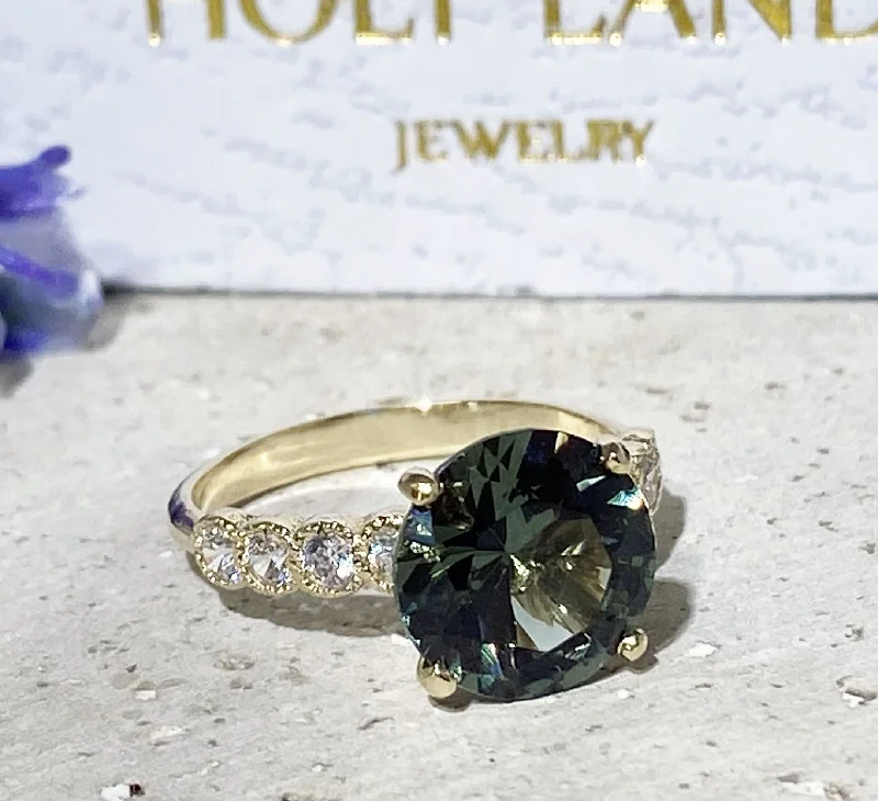 Emerald Gemstone Rings with Filigree - Bordered SettingsGreen Tourmaline Ring - Statement Engagement Ring with Round Green Tourmaline Gemstone and Clear Quartz Accents