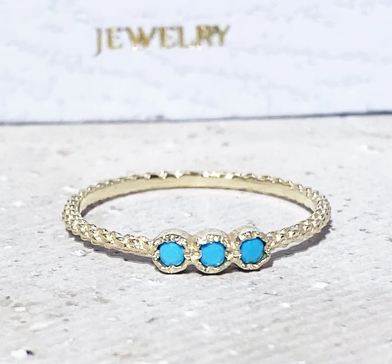 Emerald Gemstone Rings with Filigree - Bordered SettingsBlue Turquoise Ring - Sleeping Beauty Turquoise - December Birthstone - Three Round Blue Turquoise Gemstones Delicate Stacking Ring