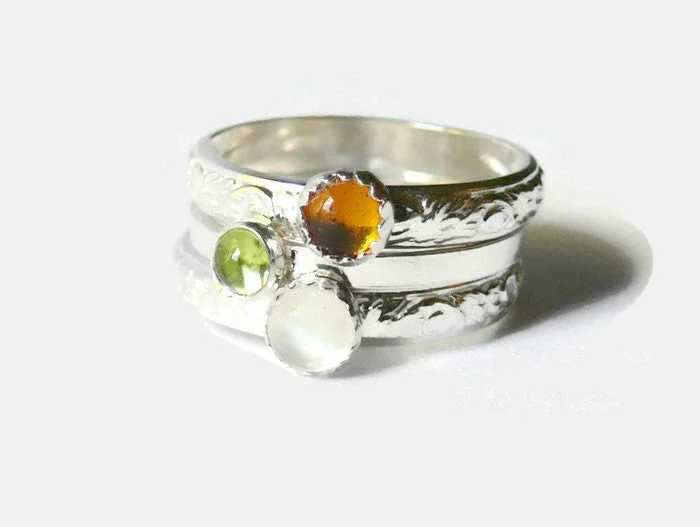 Ruby Gemstone Rings with Diamond AccentsSterling silver stacking gemstone rings stackable rings stacking ring set sterling silver ring moonstone, peridot, amber natural stone ring