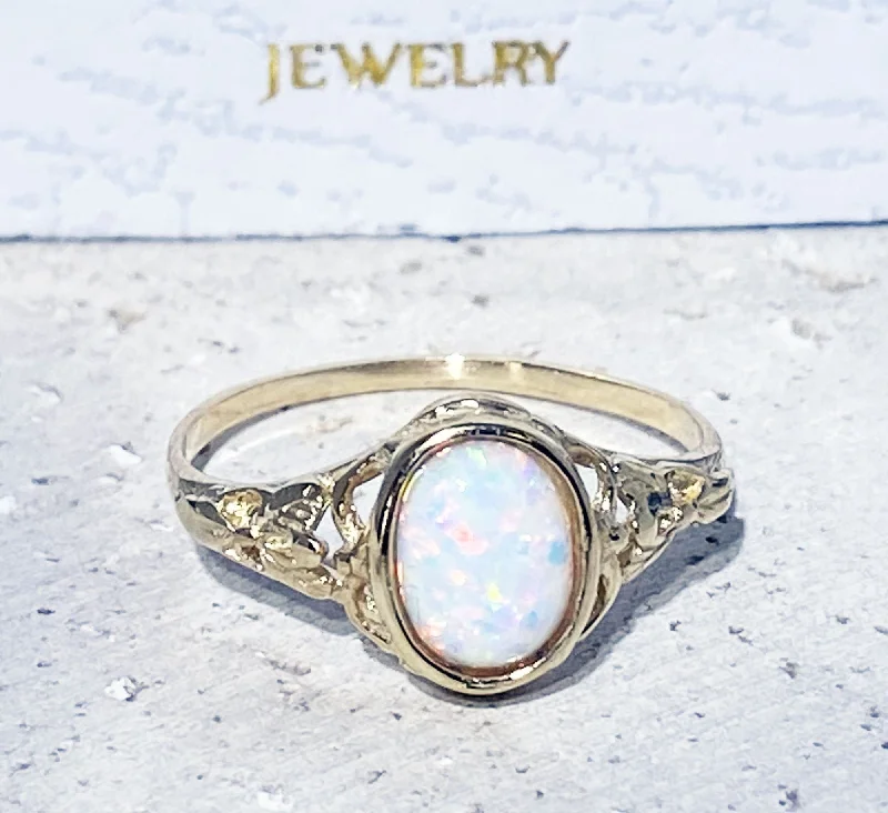 Amethyst Gemstone Rings in a Vintage - Style SettingWhite Opal Ring - Oval White Opal Gemstone Lace Ring