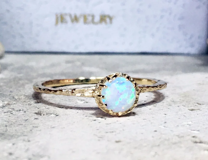 Ruby Gemstone Rings with Diamond AccentsWhite Opal Ring - Round White Opal Gemstone Delicate Hammered Ring