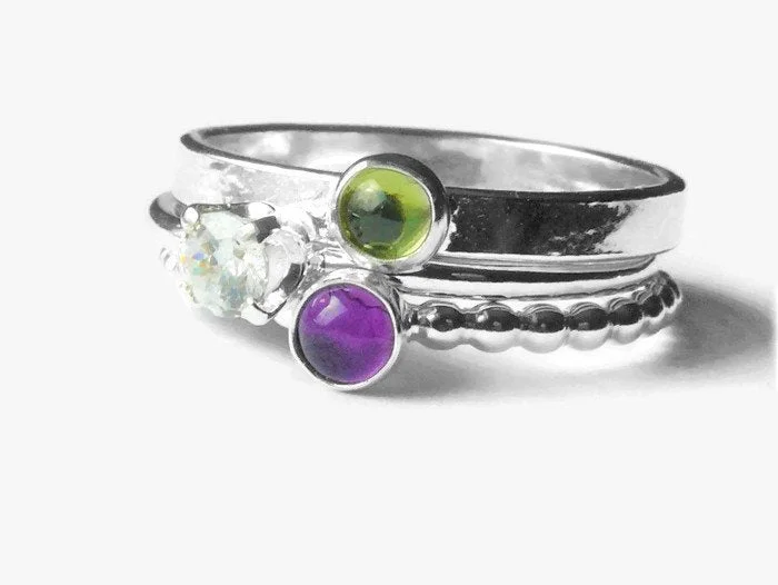 Multi - Gemstone Rings with a Rainbow of ColorsPeridot amethyst ring • Sterling silver stacking ring set • Sterling silver rings • Silver gemstone ring • Green and purple natural stones