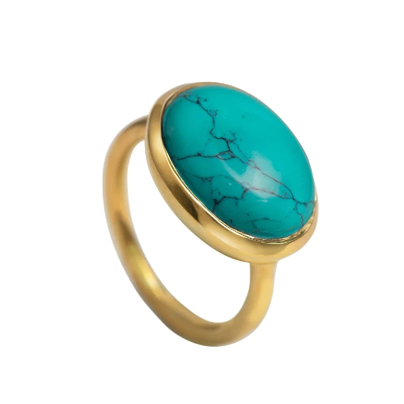 Multi - Gemstone Rings with a Rainbow of ColorsCabochon Oval Cut Natural Gemstone Gold Plated Sterling Silver Ring - Turquoise