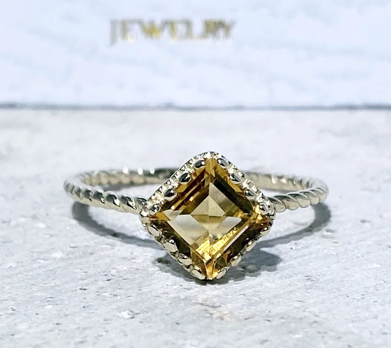 Ruby Gemstone Rings with Diamond AccentsCitrine Ring - November Birthstone - Simple Twist Band Ring with Square Citrine Gemstone