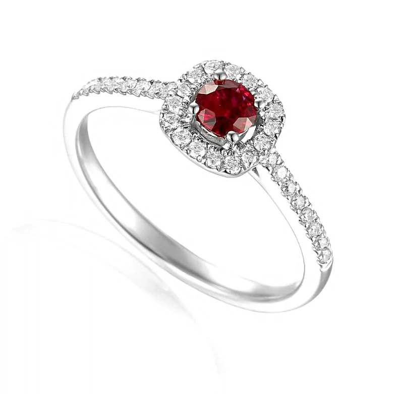 Solitaire Diamond Rings in Platinum Settings18ct White Gold 0.29ct Round Brilliant Cut Ruby Ring With 0.18ct Diamond Halo And Diamond Set Shoulders